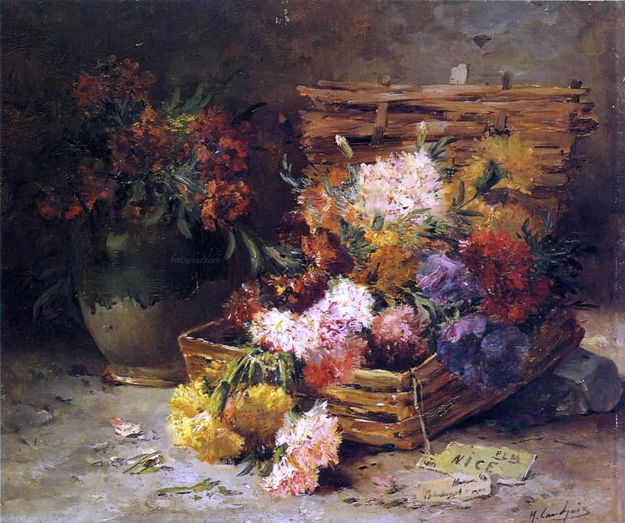 Eugene Henri Cauchois Still Life of Flowers in a Vase and a Basket - Hand Painted Oil Painting