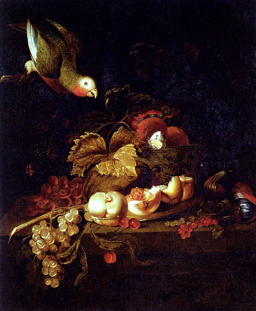 Jakob Bogdany Still Life Of Grapes, A Halved Peach And Cherries Resting On A Table With A Parrot - Hand Painted Oil Painting
