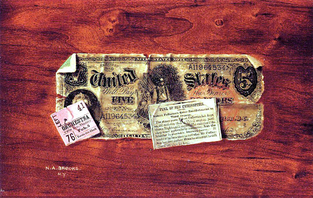 Nicholas Alden Brooks Still Life with $5 Bill, Ticket Stub and Newspaper Clipping - Hand Painted Oil Painting