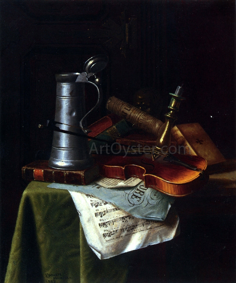 William Michael Harnett Still Life with a Violin, Pewter Tankard and Sheet Music - Hand Painted Oil Painting