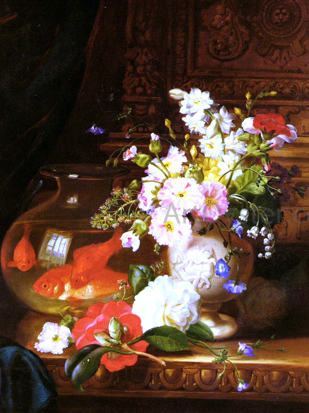 John Wainwright Still Life With Camellias, Primroses And Lily Of The Valley In An Urn By A Goldfish Bowl - Hand Painted Oil Painting