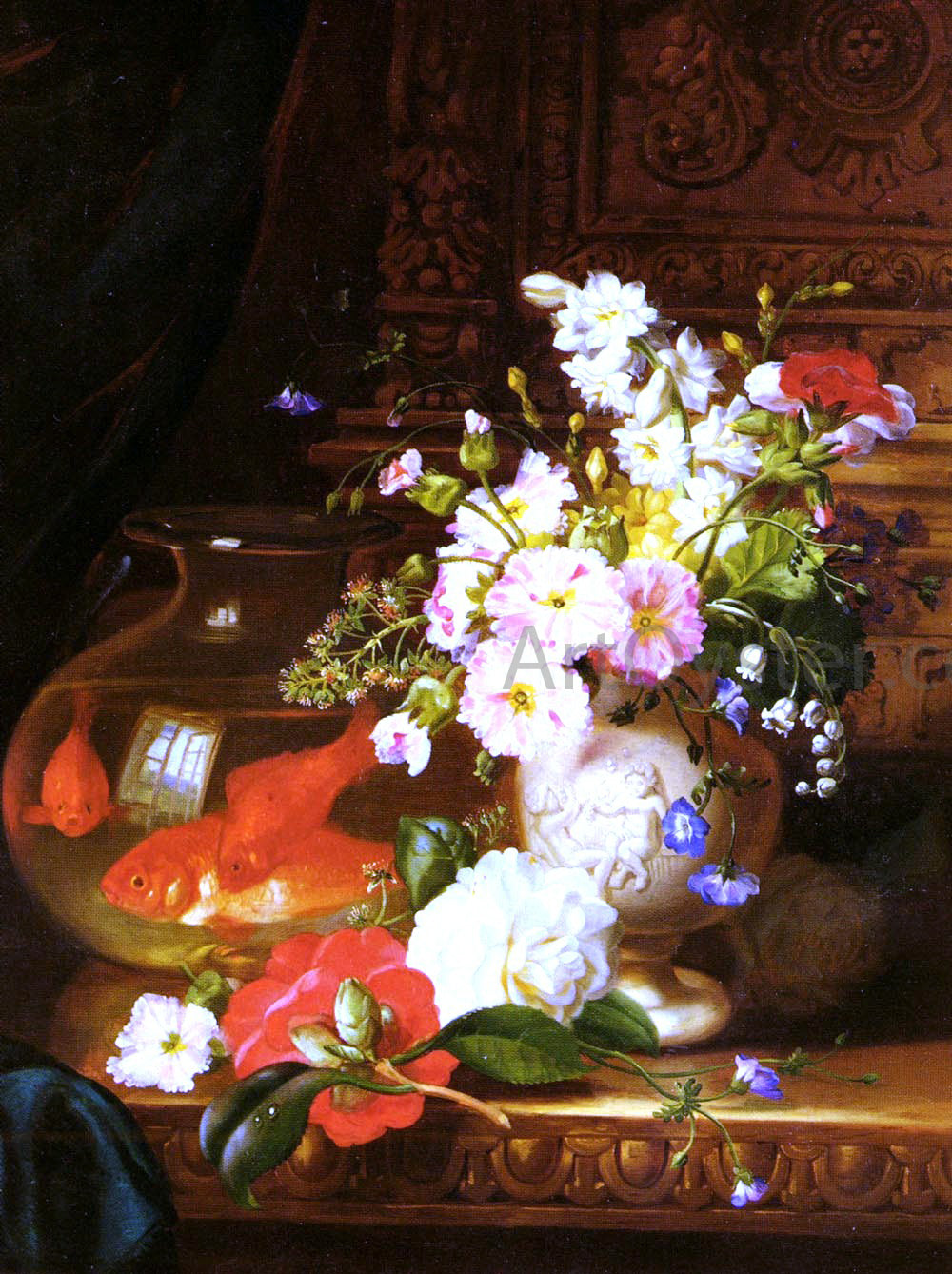  John Wainwright Still Life With Camellias, Primroses And Lily Of The Valley In An Urn By A Goldfish Bowl - Hand Painted Oil Painting