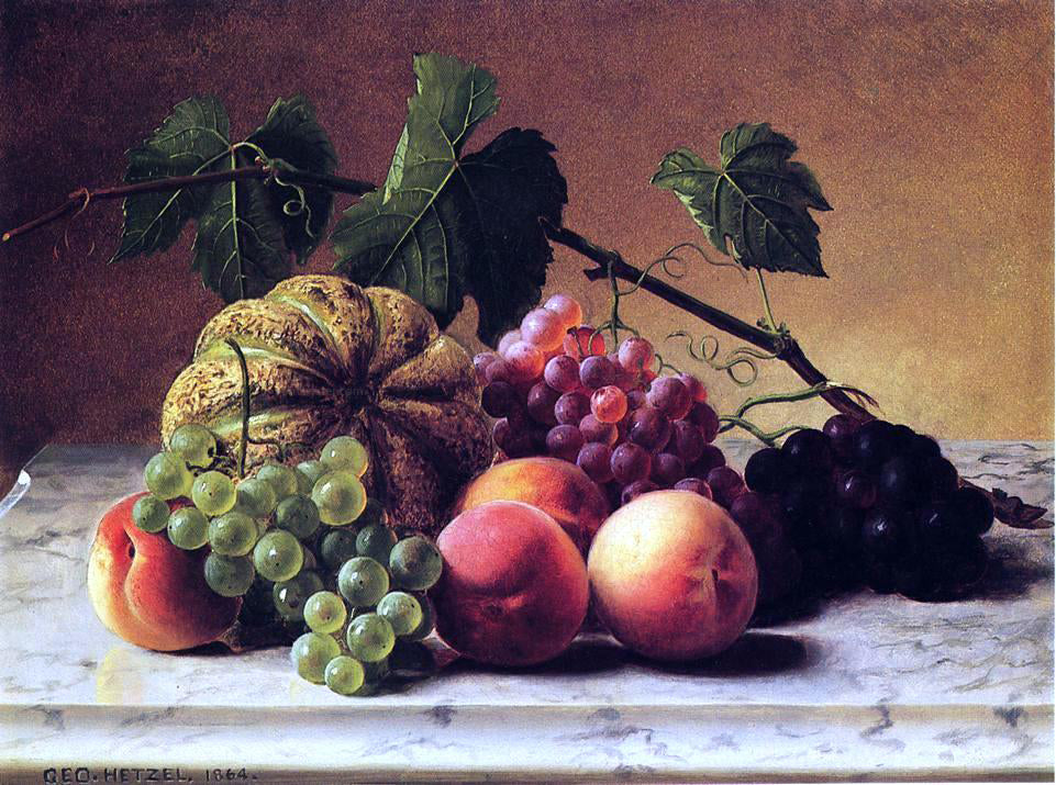 George Hetzel Still Life with Cantaloupe, Grapes and Peaches - Hand Painted Oil Painting
