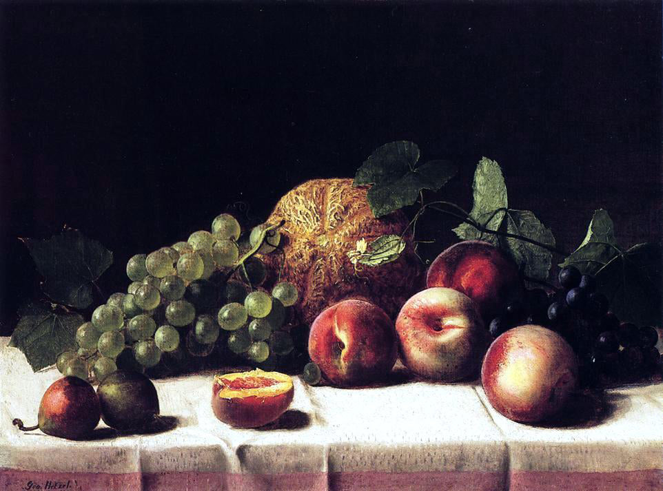 George Hetzel Still Life with Cantaloupe, Peaches and Grapes - Hand Painted Oil Painting