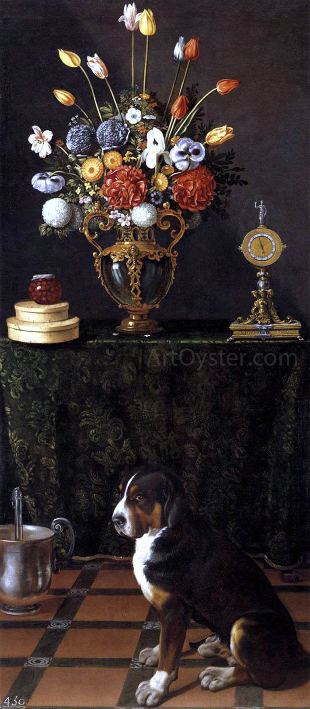 Juan Van der Hamen Still Life with Flowers and a Dog - Hand Painted Oil Painting