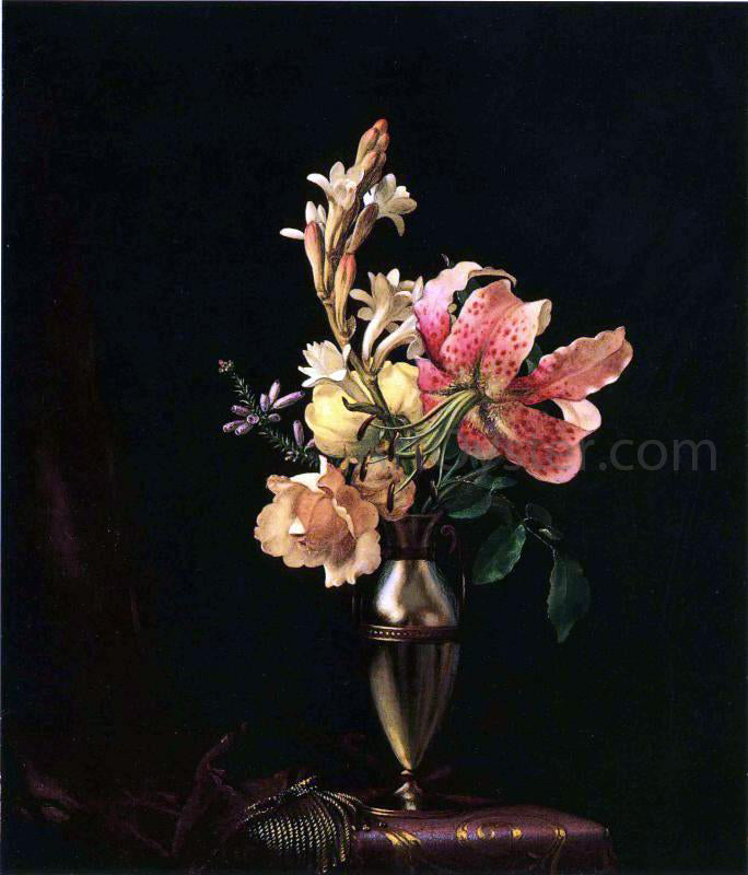 Martin Johnson Heade Still Life with Flowers in a Silver Vase - Hand Painted Oil Painting