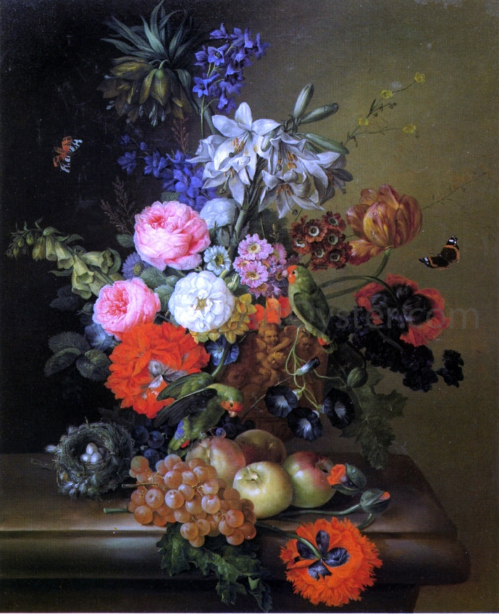  Franz Xavier Petter Still Life with Flowers, Parakeets and Butterflies - Hand Painted Oil Painting