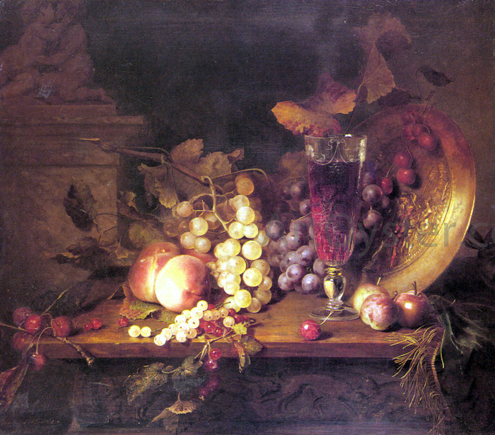 Blaise Alexandre Desgoffe Still Life with Fruit, a Glass of Wine and a Bronze Vessel on a Ledge - Hand Painted Oil Painting