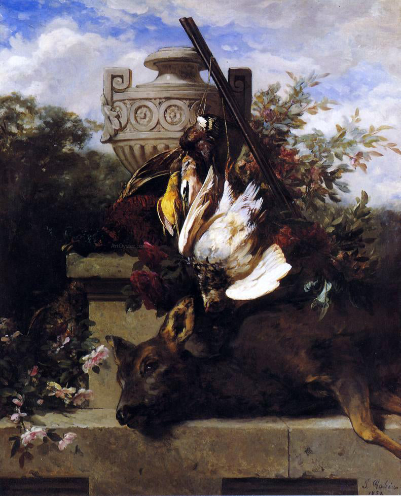 Jean Baptiste Robie Still Life with Game and a Rifle on a Marble Ledge with an Urn in a Flowery Landscape - Hand Painted Oil Painting