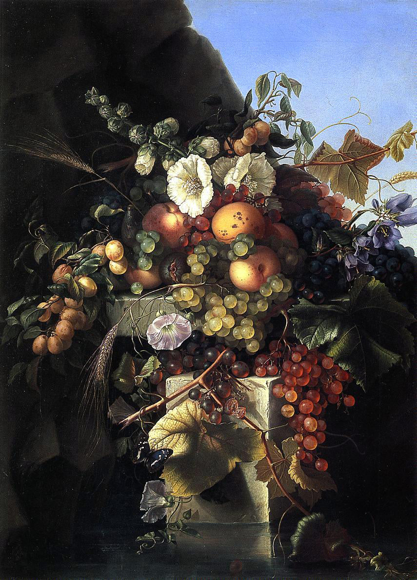  Adelheid Dietrich Still Life with Grapes, Peaches, Flowers and a Butterfly - Hand Painted Oil Painting