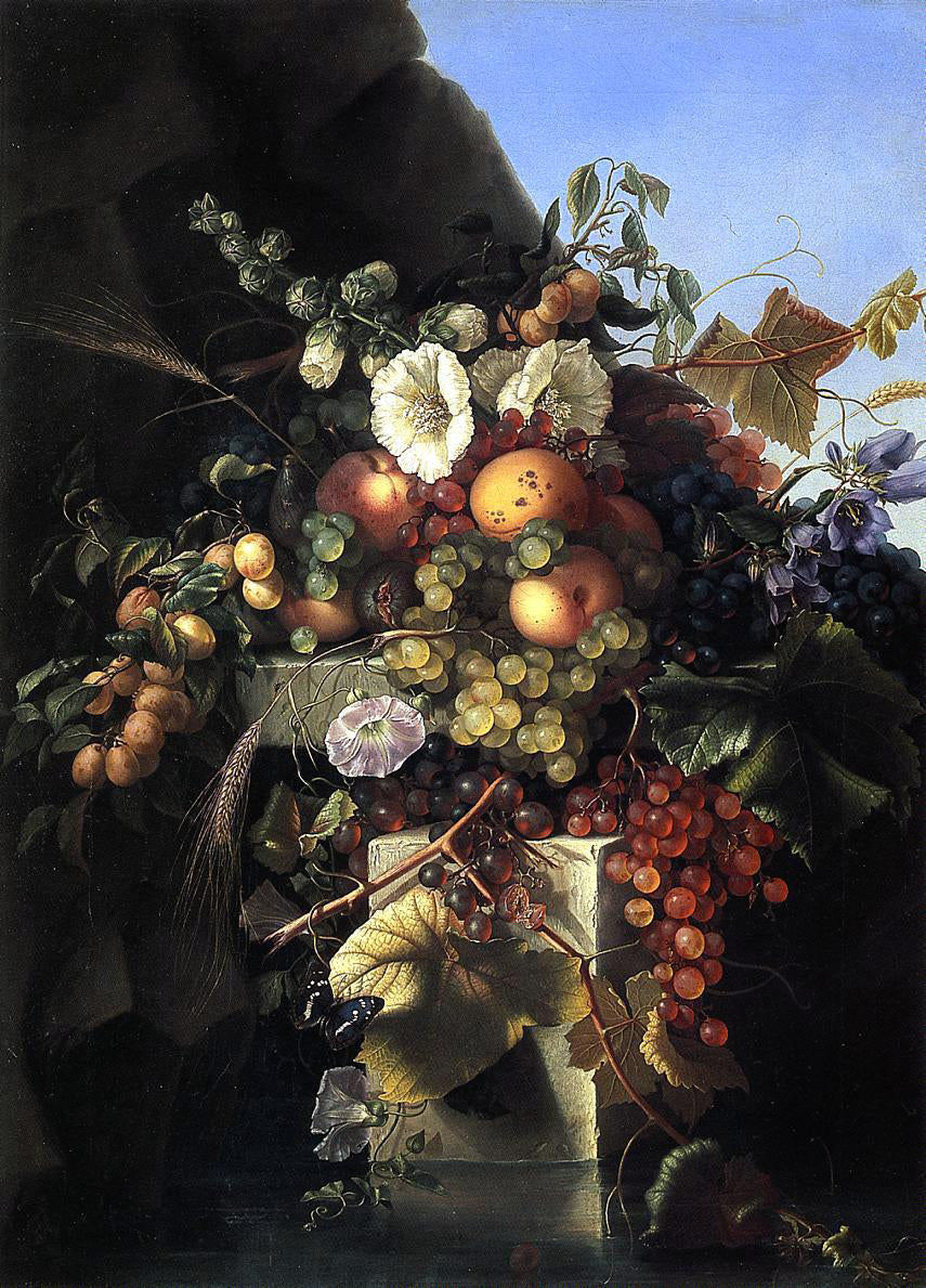 Adelheid Dietrich Still Life with Grapes, Peaches, Flowers and a Butterfly - Hand Painted Oil Painting