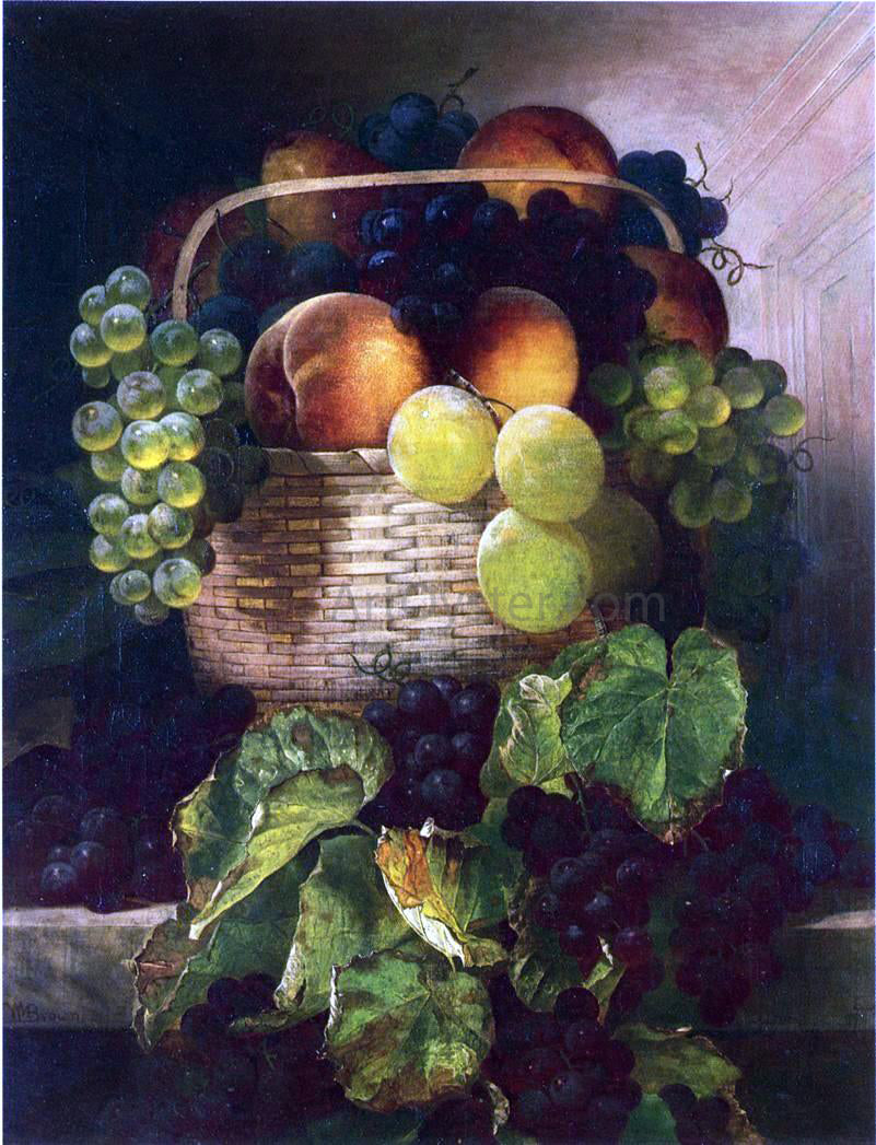 William Mason Brown Still Life with Grapes. Plums and Peaches in a Basket - Hand Painted Oil Painting