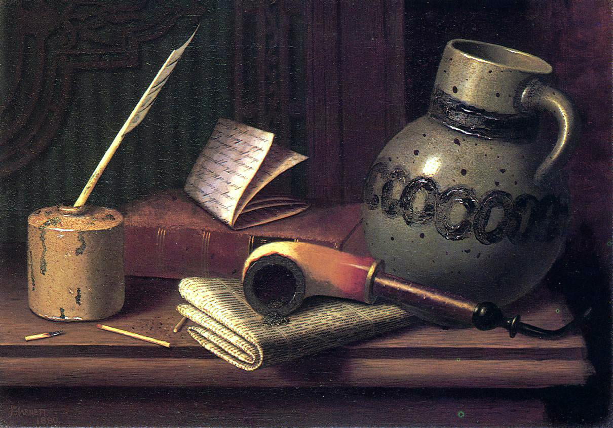 William Michael Harnett Still Life with Inkwell, Book, Pipe and Stoneware Jug - Hand Painted Oil Painting