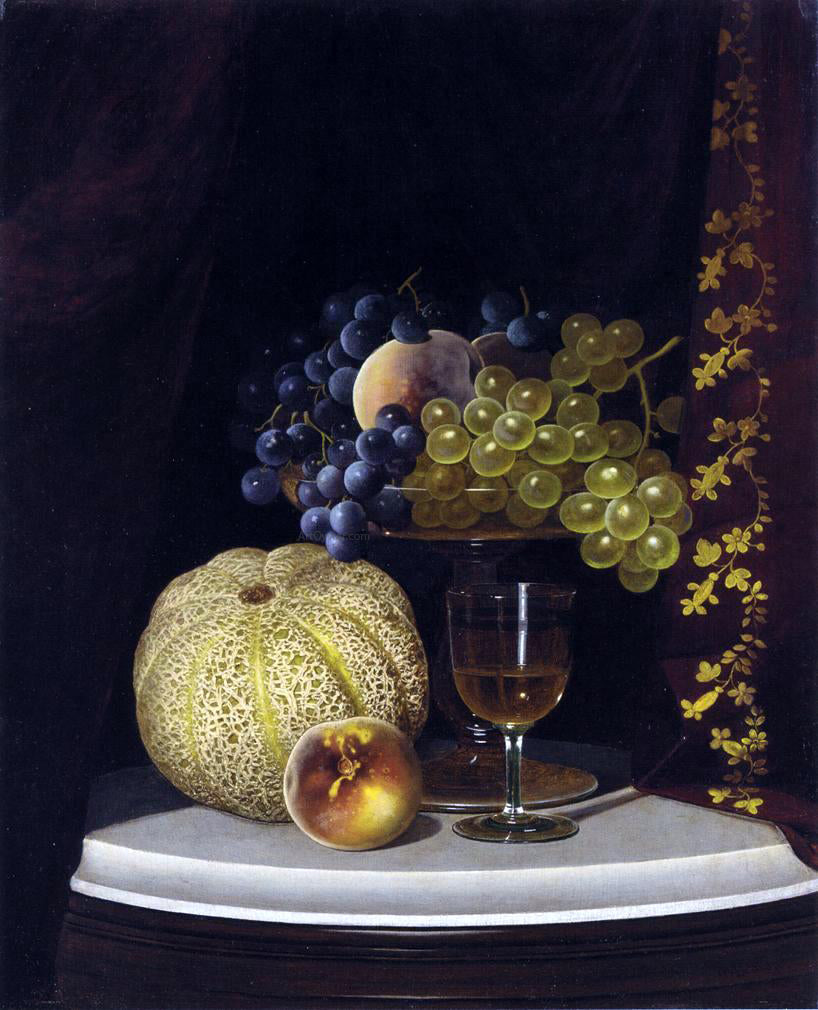 William Mason Brown Still Life with Melon, Peach, Fruit-Filled Compote and Glass of Wine on a Marble Table Top - Hand Painted Oil Painting