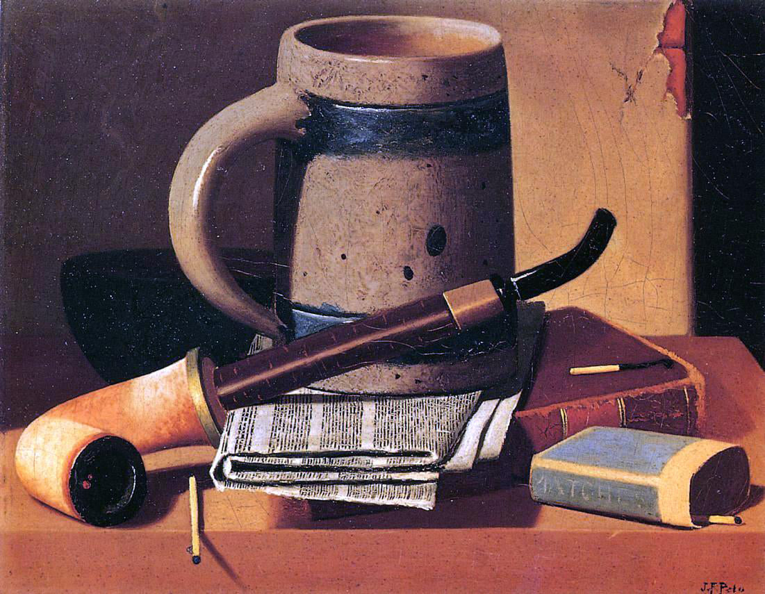 John Frederick Peto Still Life with Pipe, Beer Stein, Newspaper, Book and Matches - Hand Painted Oil Painting