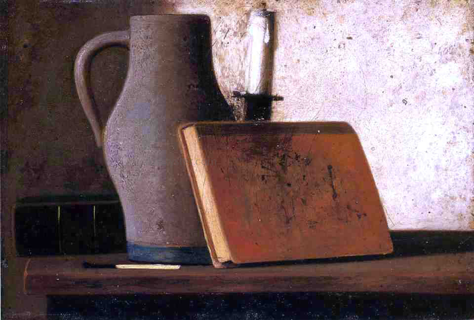 John Frederick Peto Still Life with Pitcher, Candlestock, Books and Match - Hand Painted Oil Painting