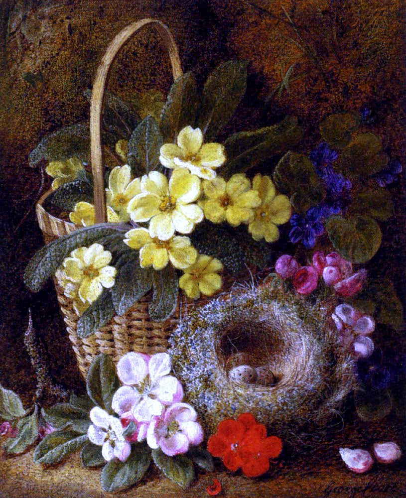 George Clare Still Life with Primroses, Violas, cherry Blossom and Geraniums and a Thrush's Nest - Hand Painted Oil Painting