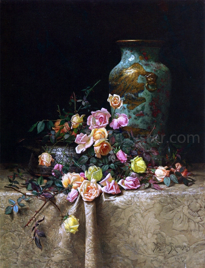 Milne Ramsey Still Life with Roses (also known as Roses and an Oriental Vase on a Brocade Tablecloth) - Hand Painted Oil Painting