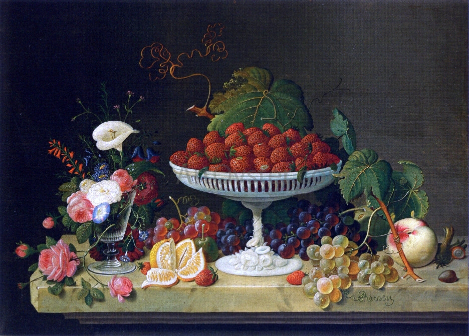 Severin Roesen Still Life with Strawberries and Goblet of Flowers - Hand Painted Oil Painting