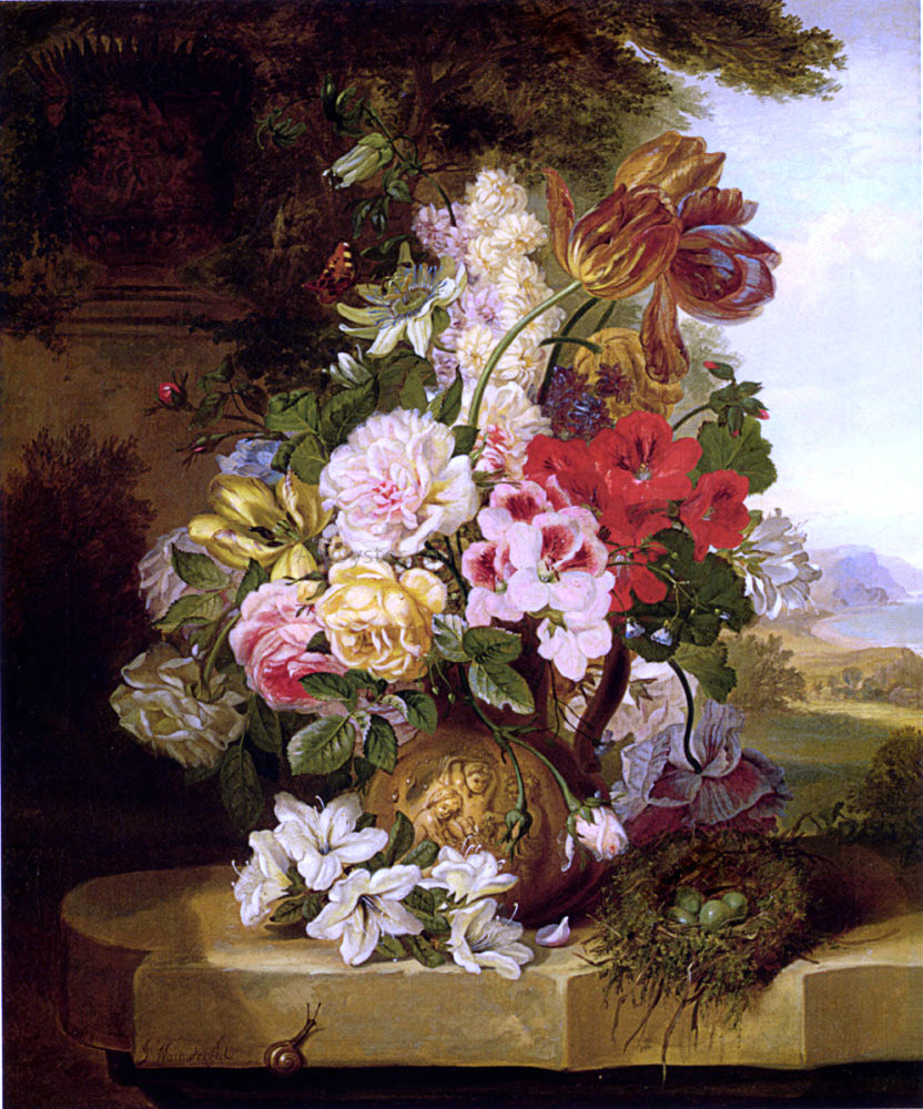 John Wainwright Still Life With Tulips, Roses, Passion Flowers And A Butterfly - Hand Painted Oil Painting