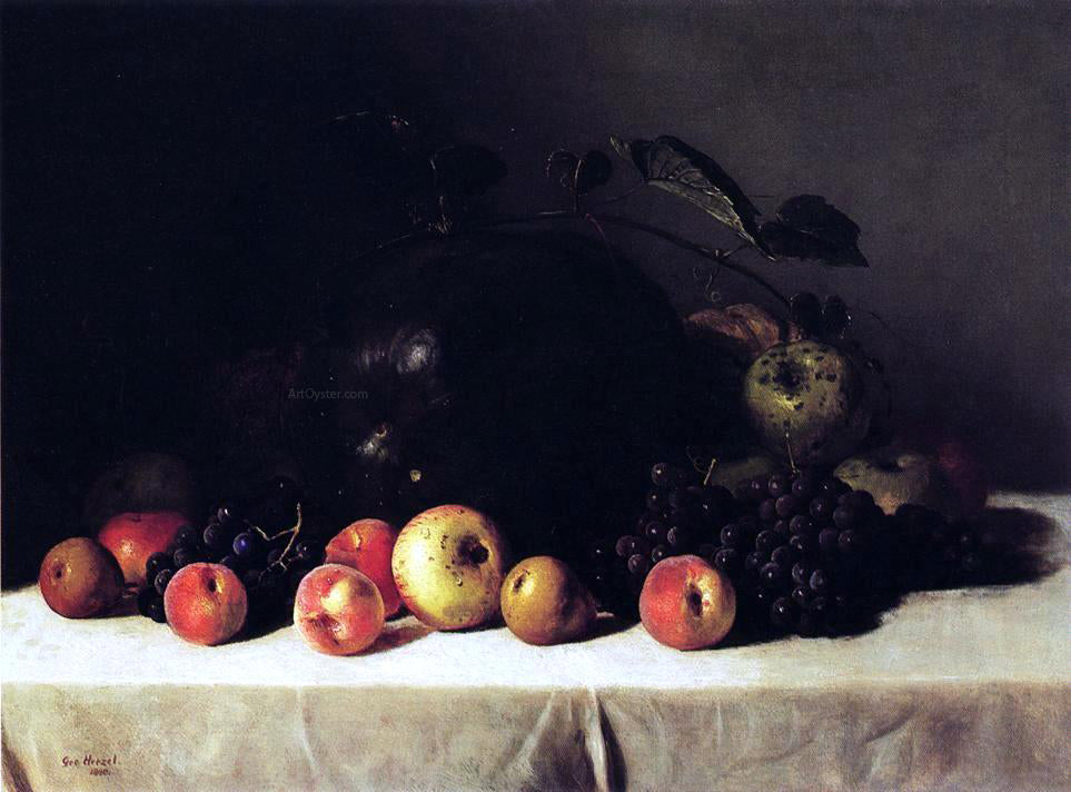 George Hetzel Still Life with Watermelon, Grapes and Apples - Hand Painted Oil Painting