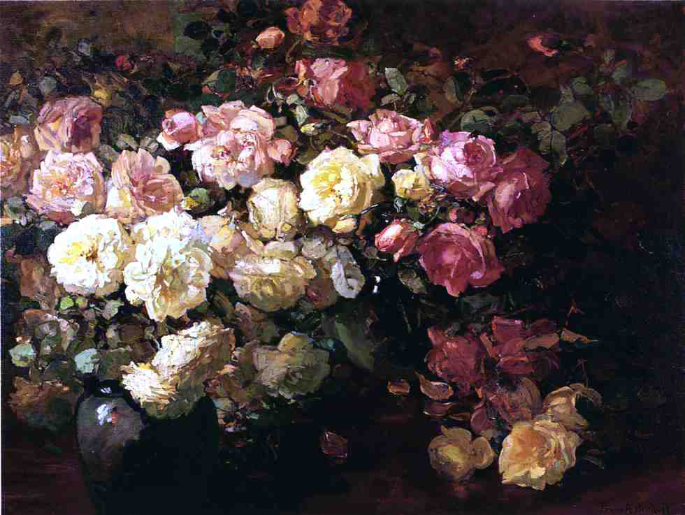  Franz Bischoff Still Life with White and Pink Roses - Hand Painted Oil Painting