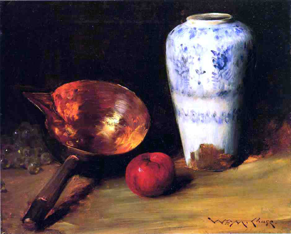 William Merritt Chase Still Life with China Vase, Copper Pot, an Apple and a Bunch of Grapes - Hand Painted Oil Painting