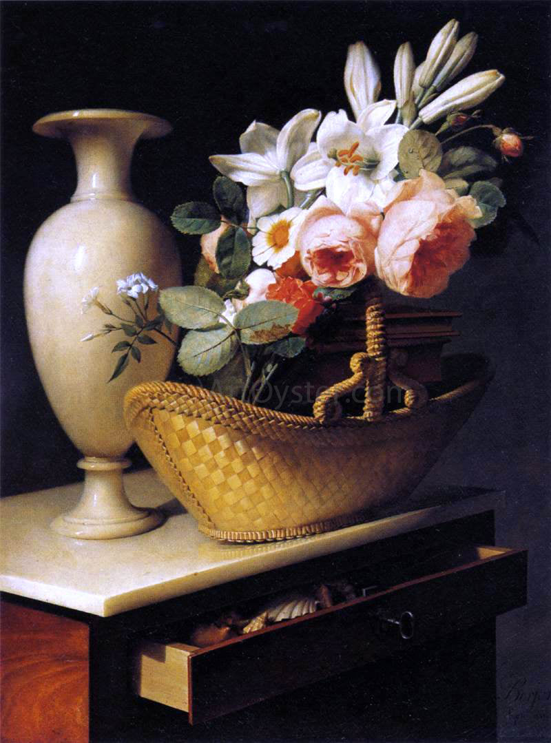 Antoine Berjon Still-Life with a Basket of Flowers - Hand Painted Oil Painting