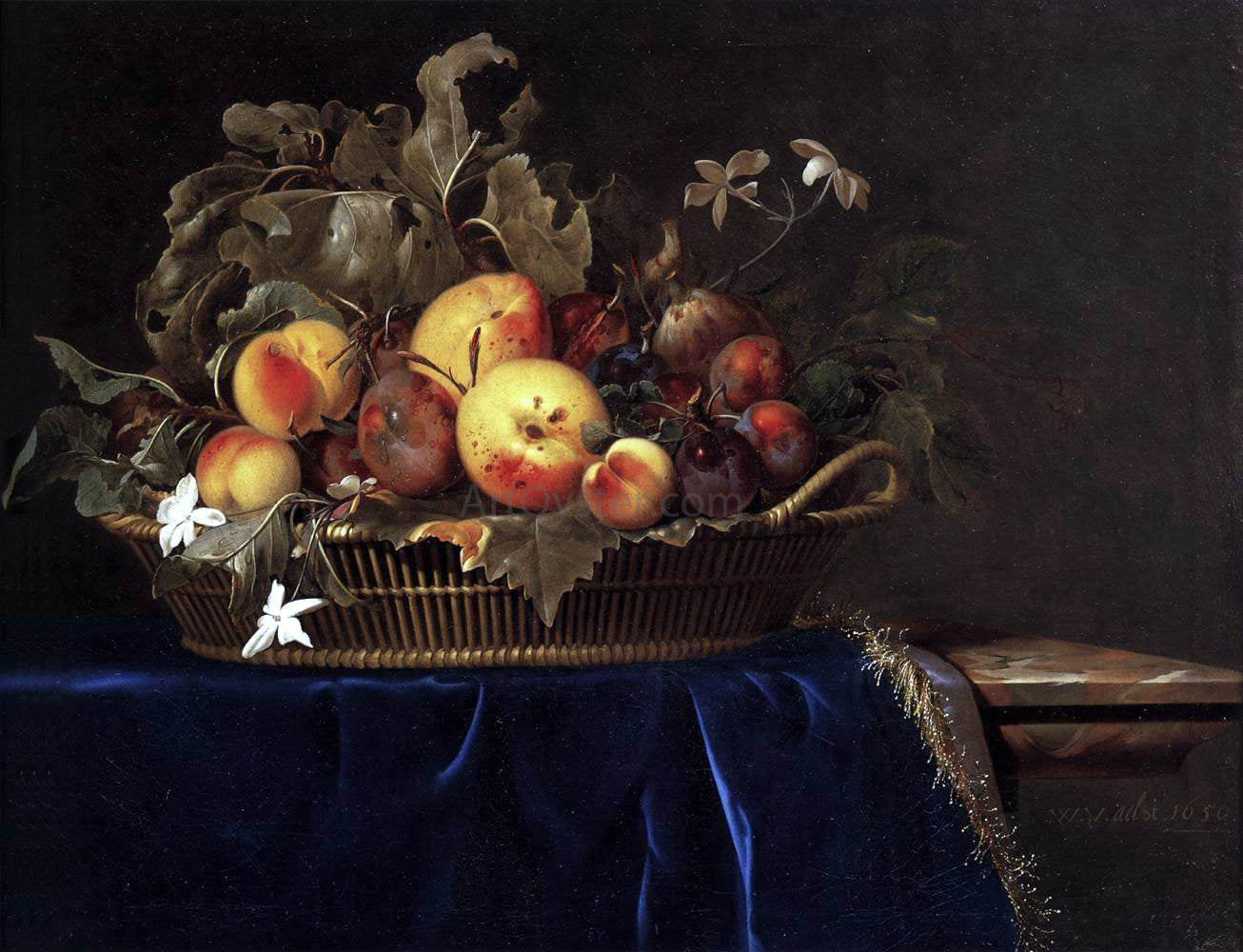 Willem Van Aelst Still-Life with a Basket of Fruit on a Marble Ledge - Hand Painted Oil Painting