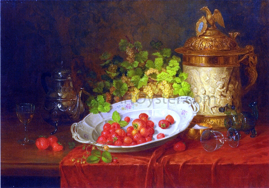 Carl Thoma-Hofele Strawberries, Grapes and an Ornamental Jug on a Draped Table - Hand Painted Oil Painting