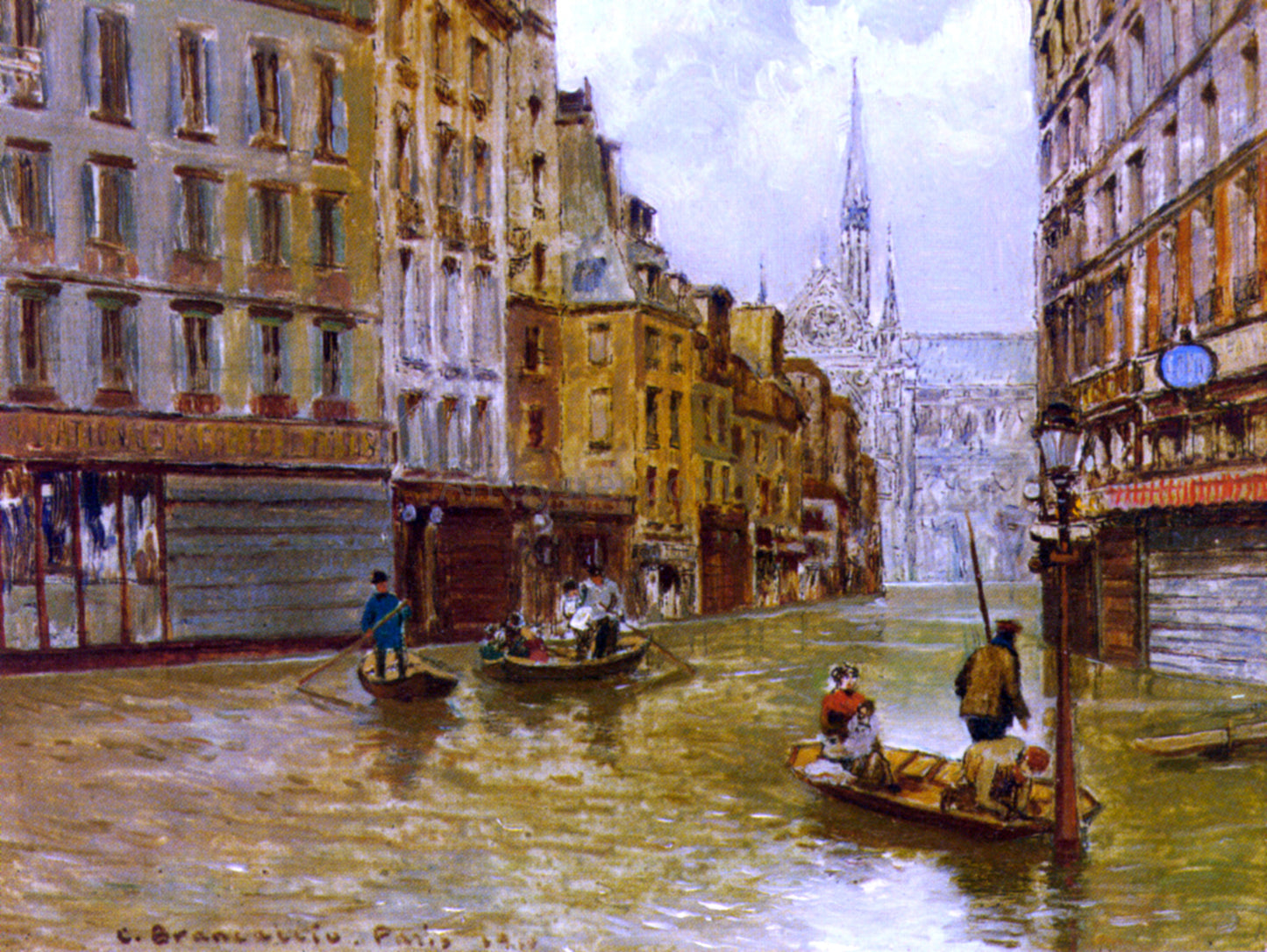 Carlo Brancaccio Street in Paris During Flood of 1910 - Hand Painted Oil Painting