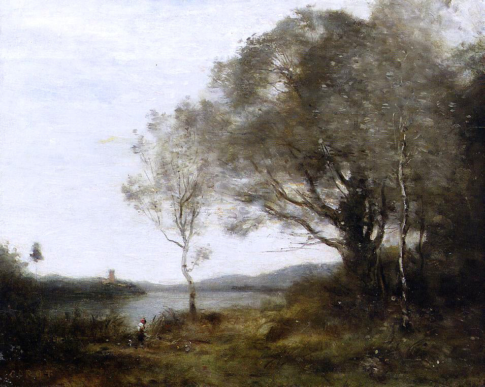 Jean-Baptiste-Camille Corot Strolling Along the Banks of a Pond - Hand Painted Oil Painting