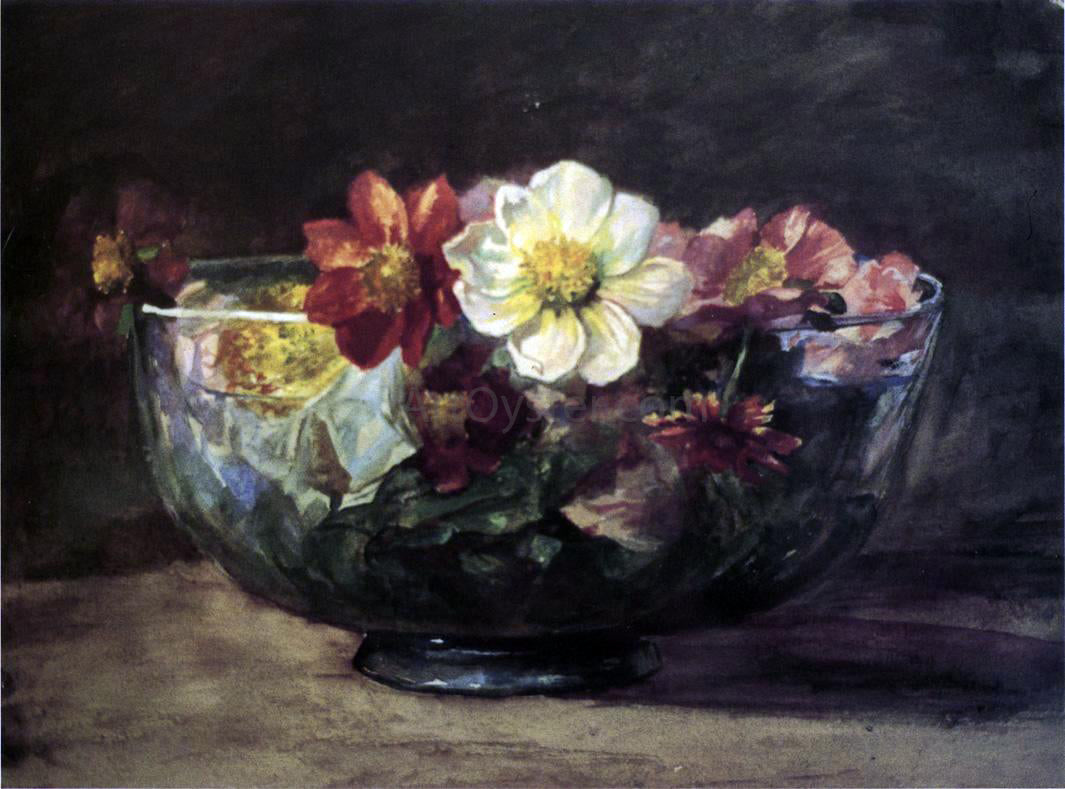 John La Farge Study of Autumn Flowers in Persian Glass Bowl with White Enamel Edge - Hand Painted Oil Painting