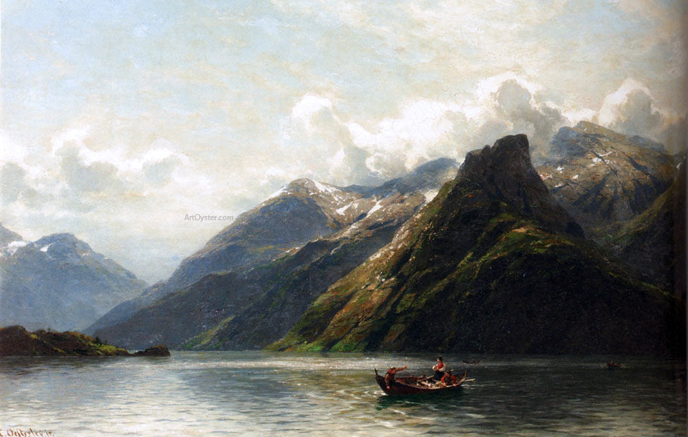 Carl August Heinrich Ferdinand Oesterley Summer: Fishing On A Norwegian Fjord - Hand Painted Oil Painting