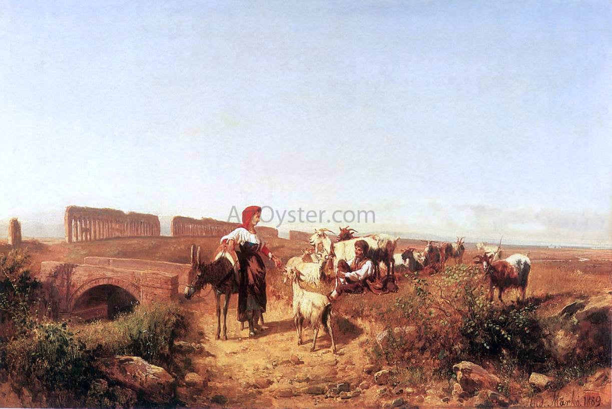 Andres Marko Sunlit Italian Landscape with Goats - Hand Painted Oil Painting