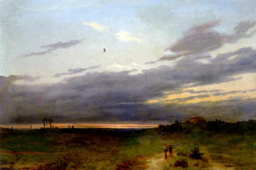 Carlo Piacenza Sunset Landscape With Two Figures On A Track - Hand Painted Oil Painting