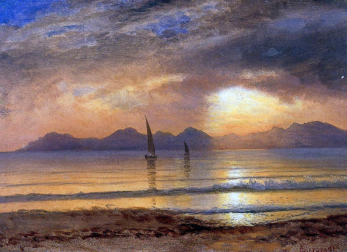 Albert Bierstadt Sunset over a Mountain Lake - Hand Painted Oil Painting