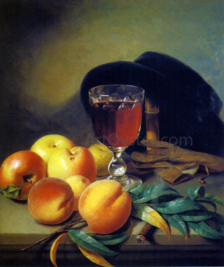 Peter Baumgartner Tabletop with Apples, Peaches, Gloves, Hat and Cigar - Hand Painted Oil Painting