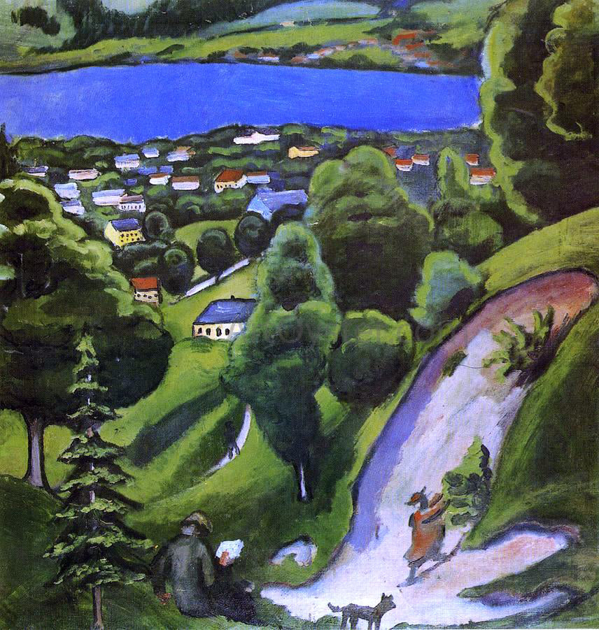 August Macke Tegernsee Landscape with Man Reading and Dog - Hand Painted Oil Painting