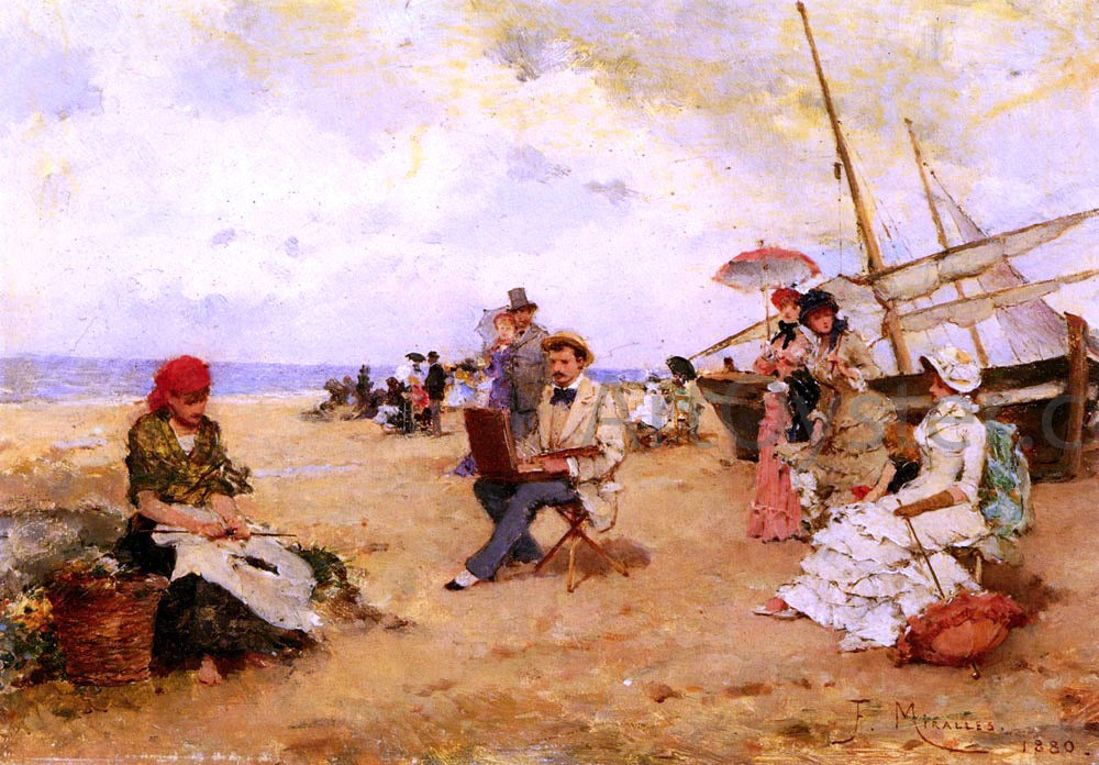 Francisco Miralles The Artist Sketching On A Beach - Hand Painted Oil Painting