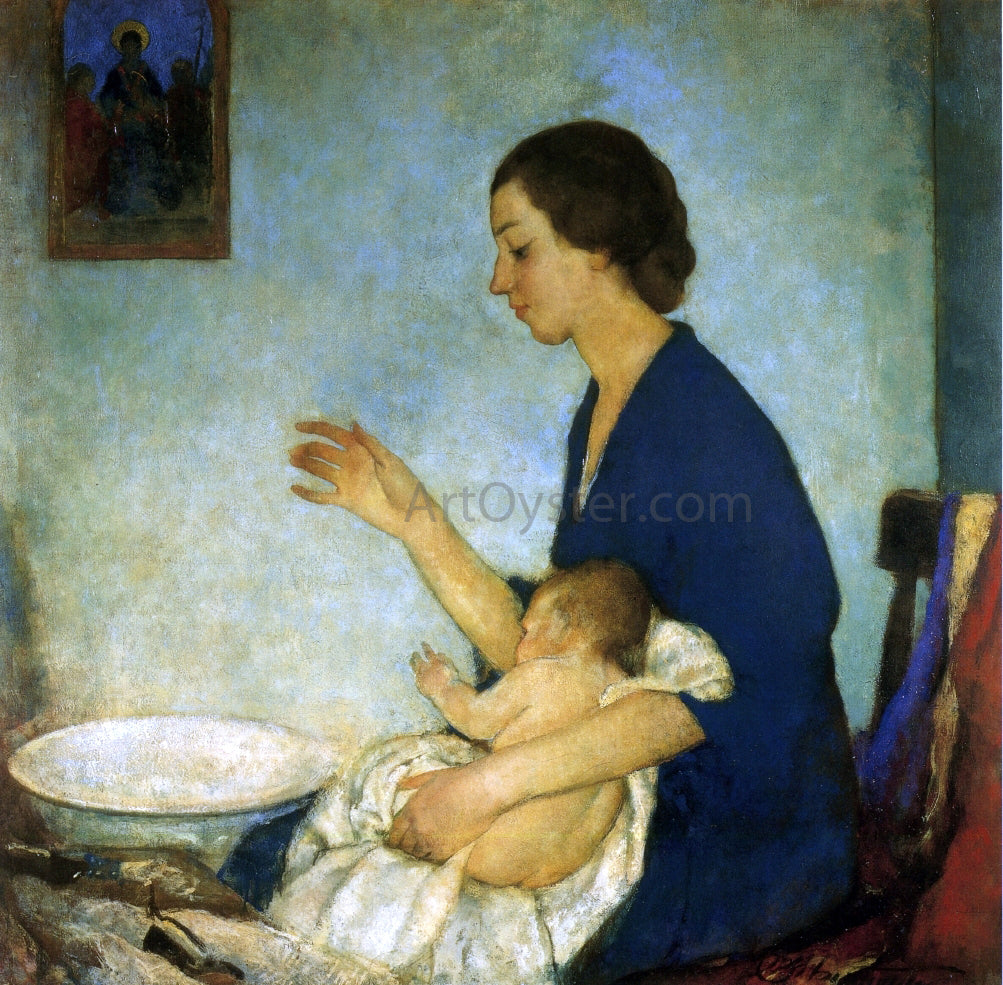 Charles Webster Hawthorne The Bath - Portrait of Emelyn Nickerson with Baby - Hand Painted Oil Painting
