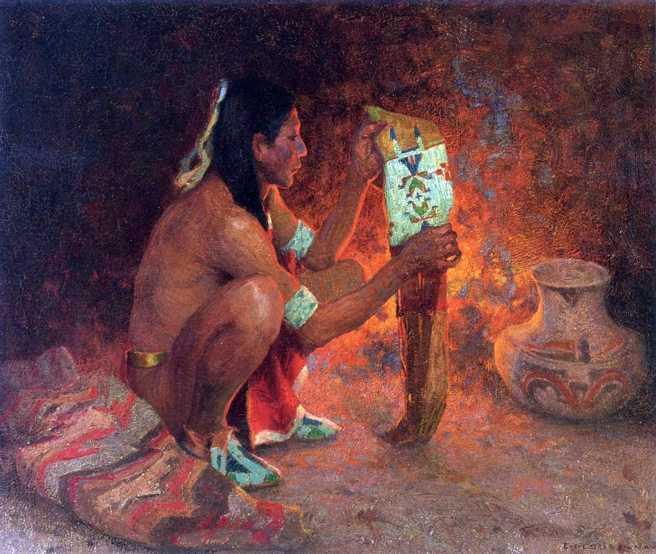 E Irving Couse The Beaded Tobacco Bag - Hand Painted Oil Painting