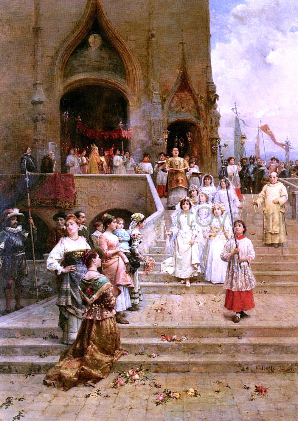 Cesare-Auguste Detti The Confirmation Procession - Hand Painted Oil Painting