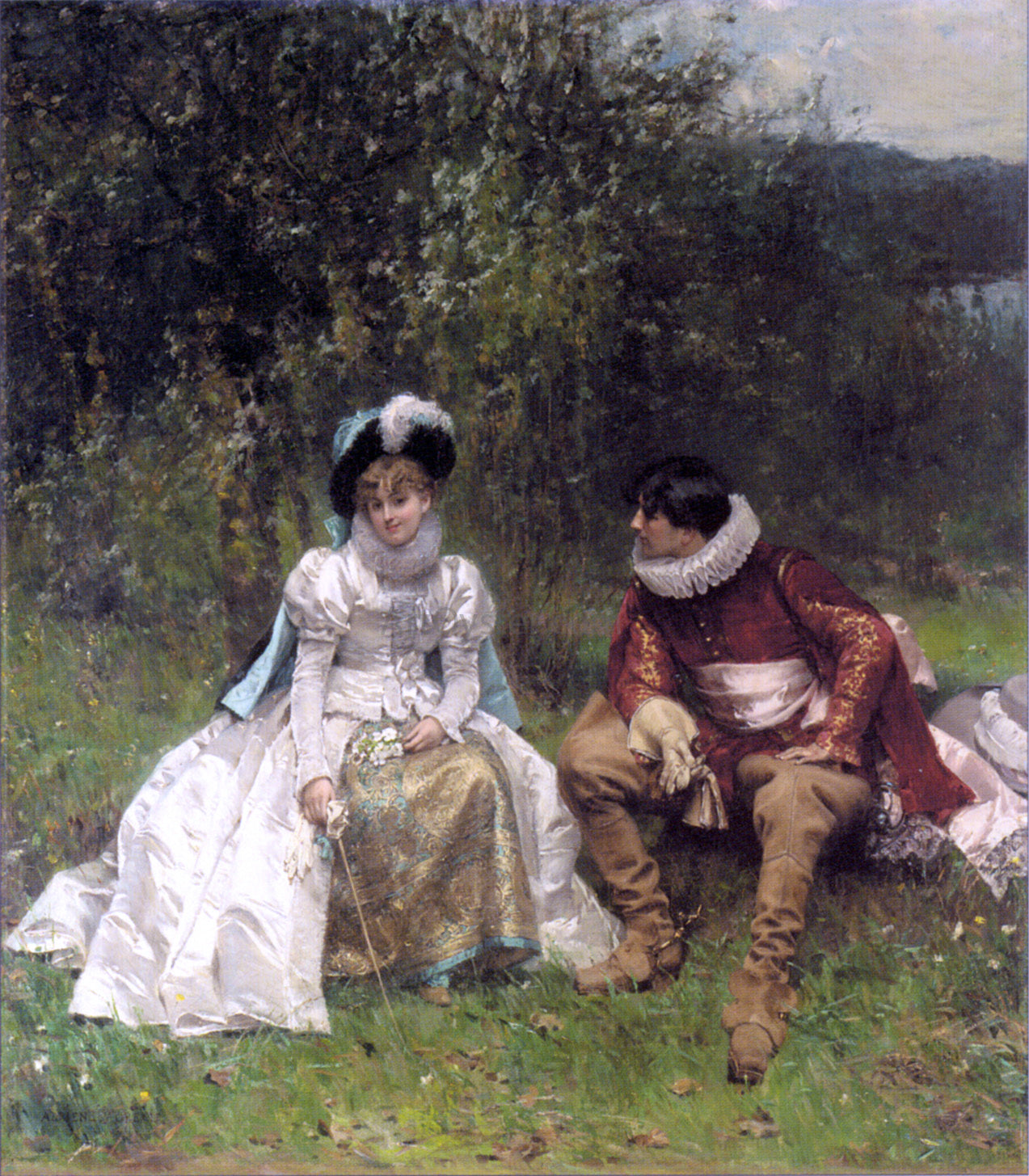Adrien Moreau The Courtship - Hand Painted Oil Painting
