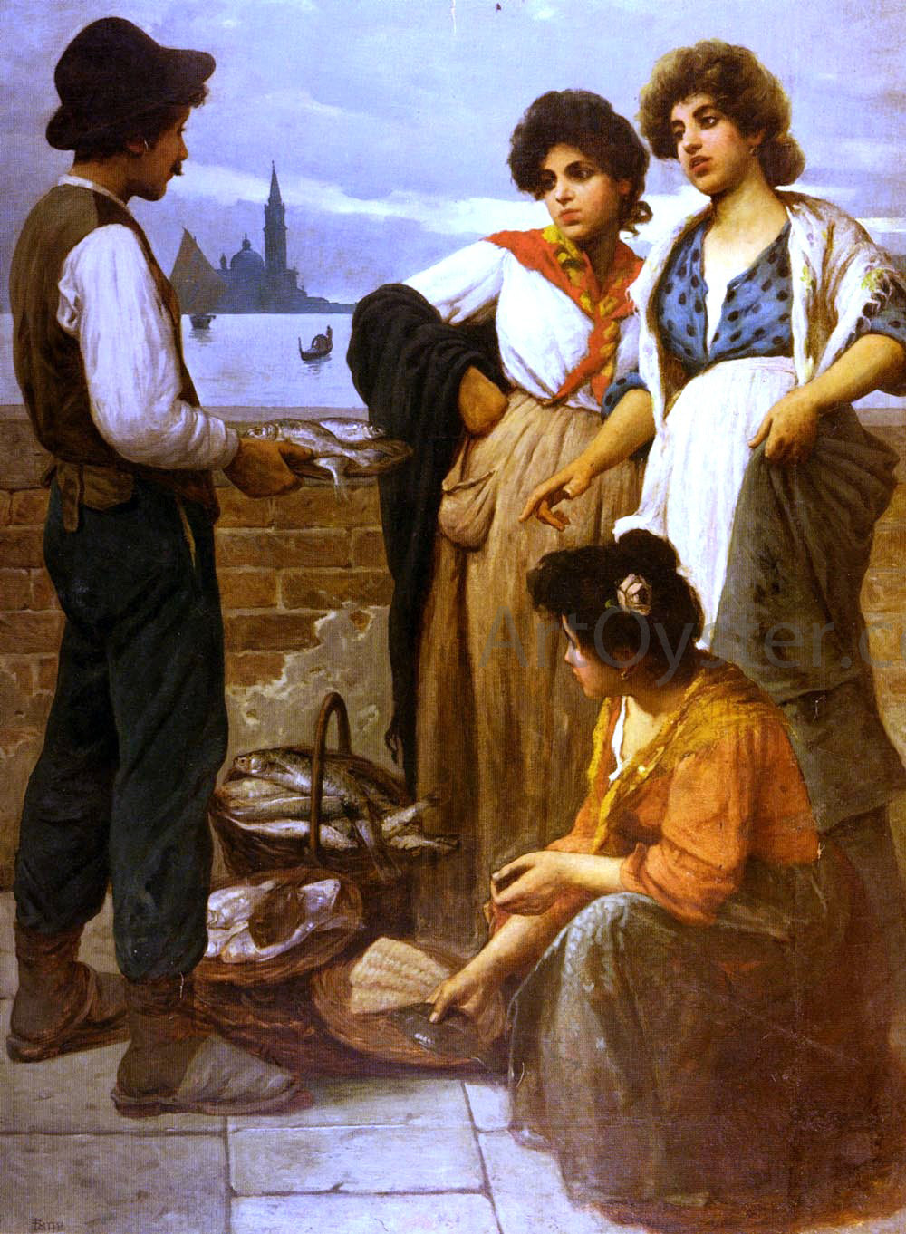 Luigi Pastega The Fish Seller - Hand Painted Oil Painting