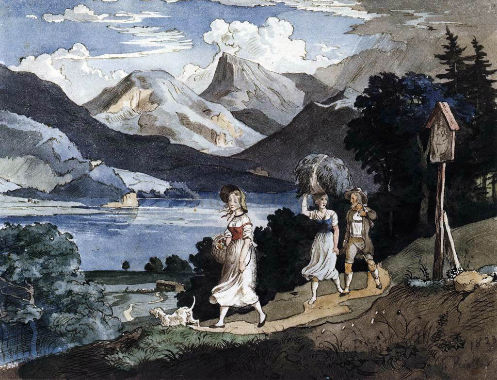 Adrian Ludwig Richter The Fuschlsee with the Schafberg Mountain in the Salzkammergut - Hand Painted Oil Painting
