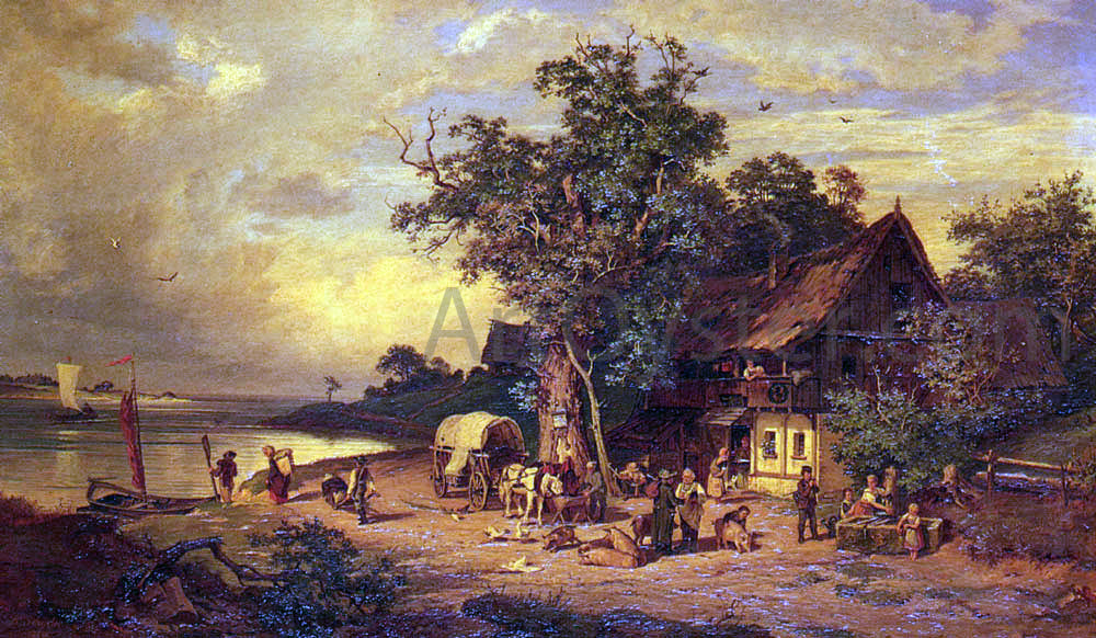  Rudolphe Heinrich Schuster The Inn at the Estuary - Hand Painted Oil Painting