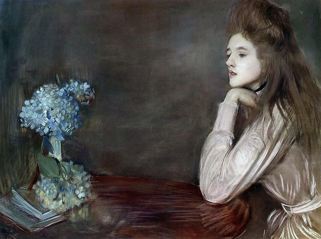 Paul Cesar Helleu The Lioness with Blue Hydrangeas - Hand Painted Oil Painting