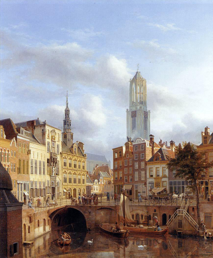 Georg-Gillis Van Haanen The Oudegracht with a View of the Old Town Hall and the Dom Tower beyond, Utrecht - Hand Painted Oil Painting