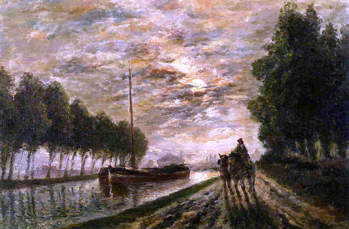 Stanislas Lepine The Ourcq Canal, Towpath, Moonlight - Hand Painted Oil Painting